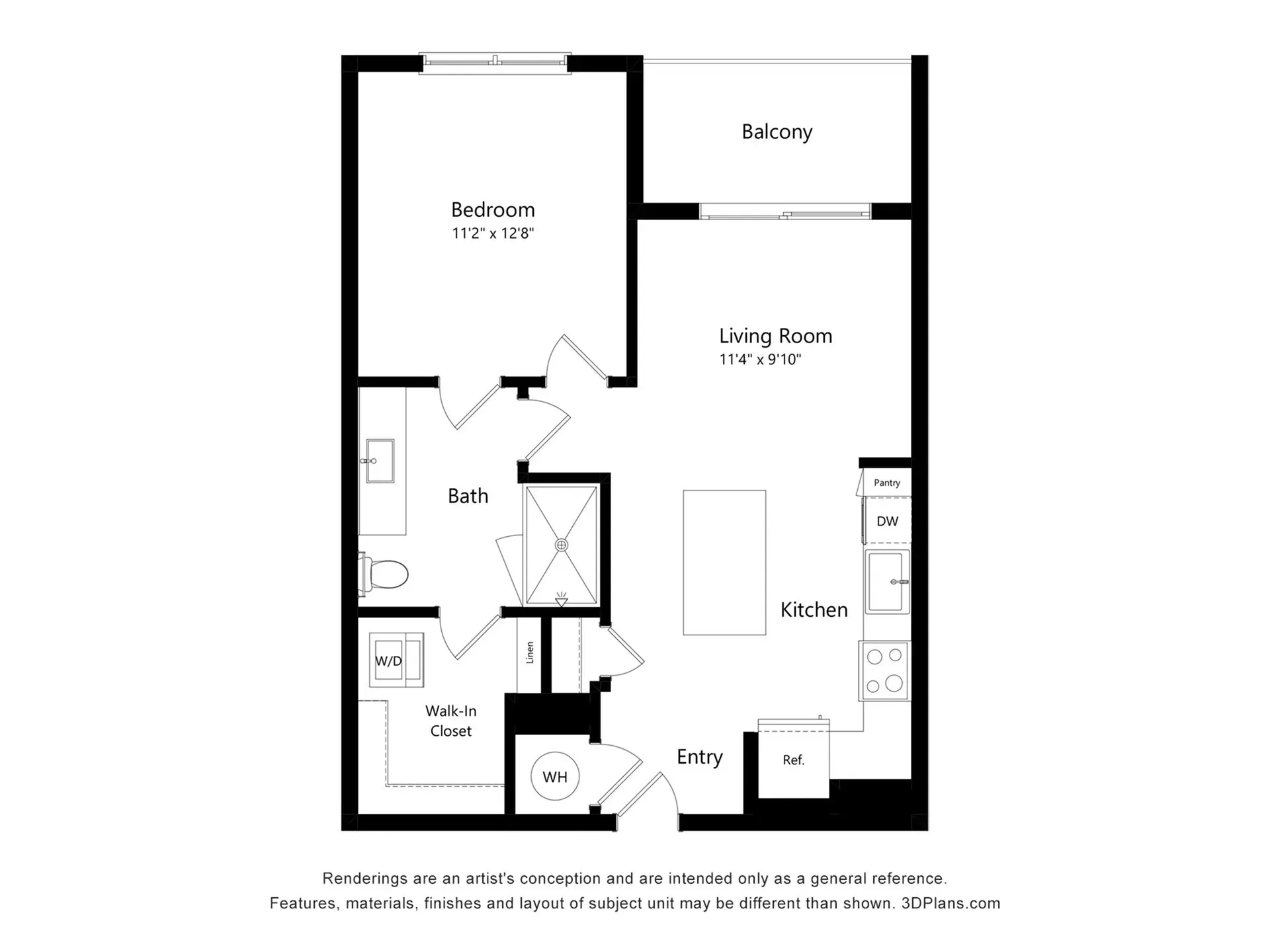 Floor plan of a one-bedroom apartment with living room, kitchen, balcony, and bathroom.
