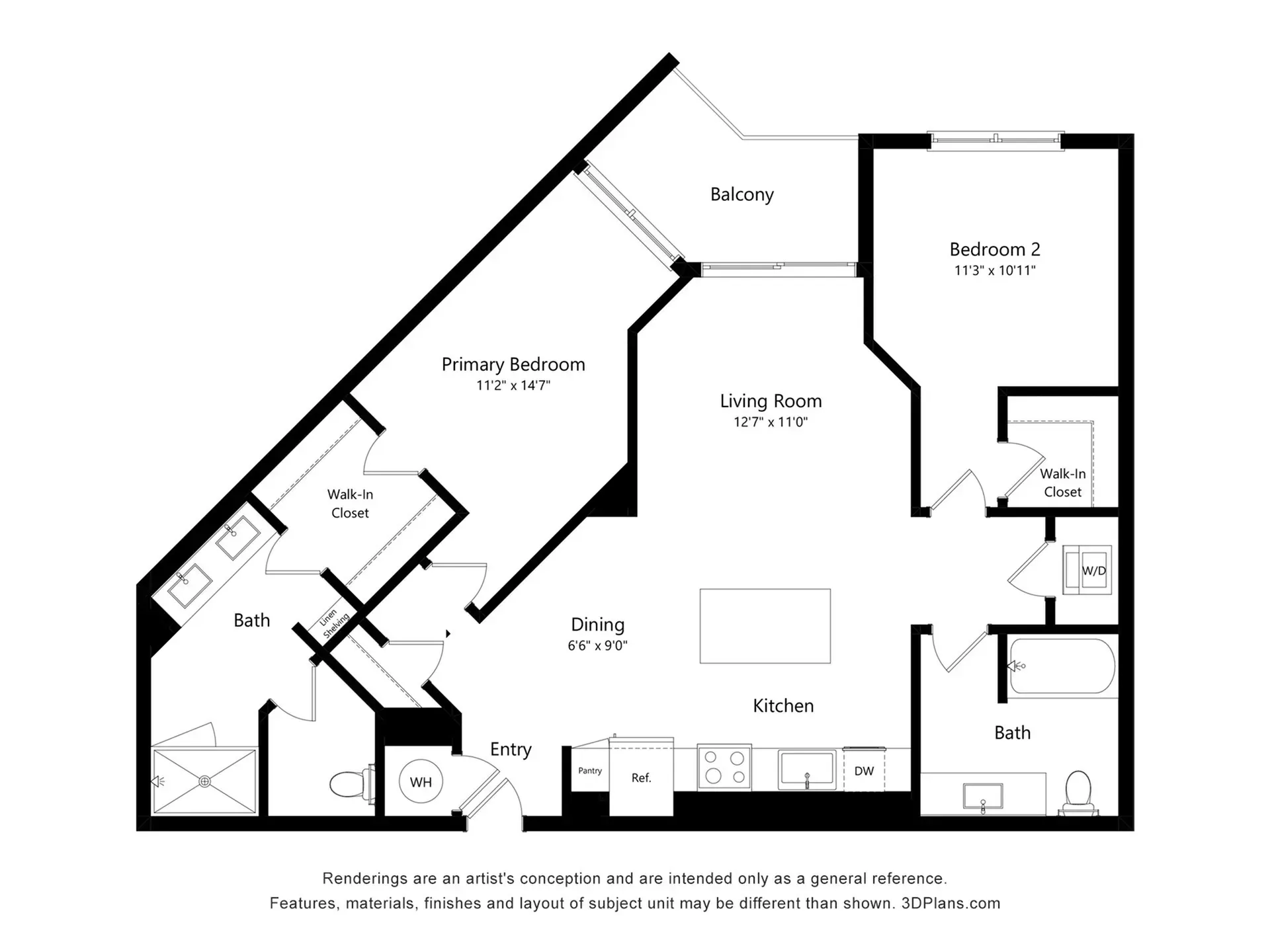 Floor plan of a 2-bedroom, 2-bathroom apartment with living room, kitchen, and dining area.