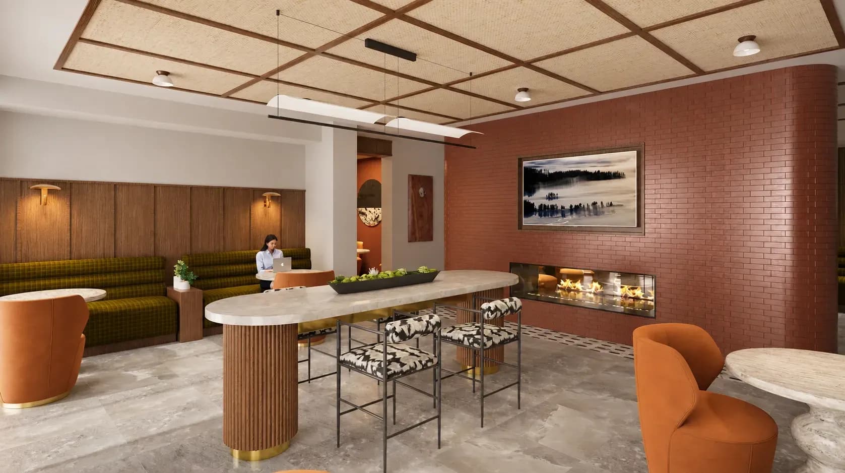 Summit Heights coworking lounge with terracotta walls, wood paneling and bar seating