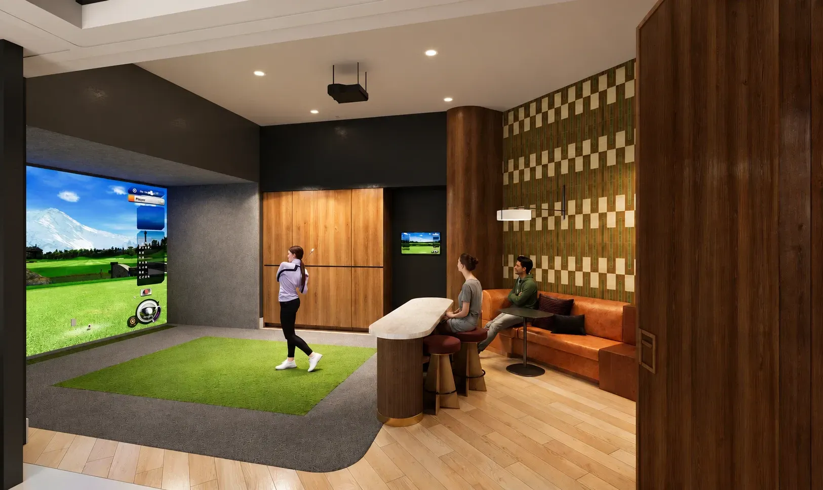 Modern entertainment room with golf simulator, lounge seating, and wood paneling.