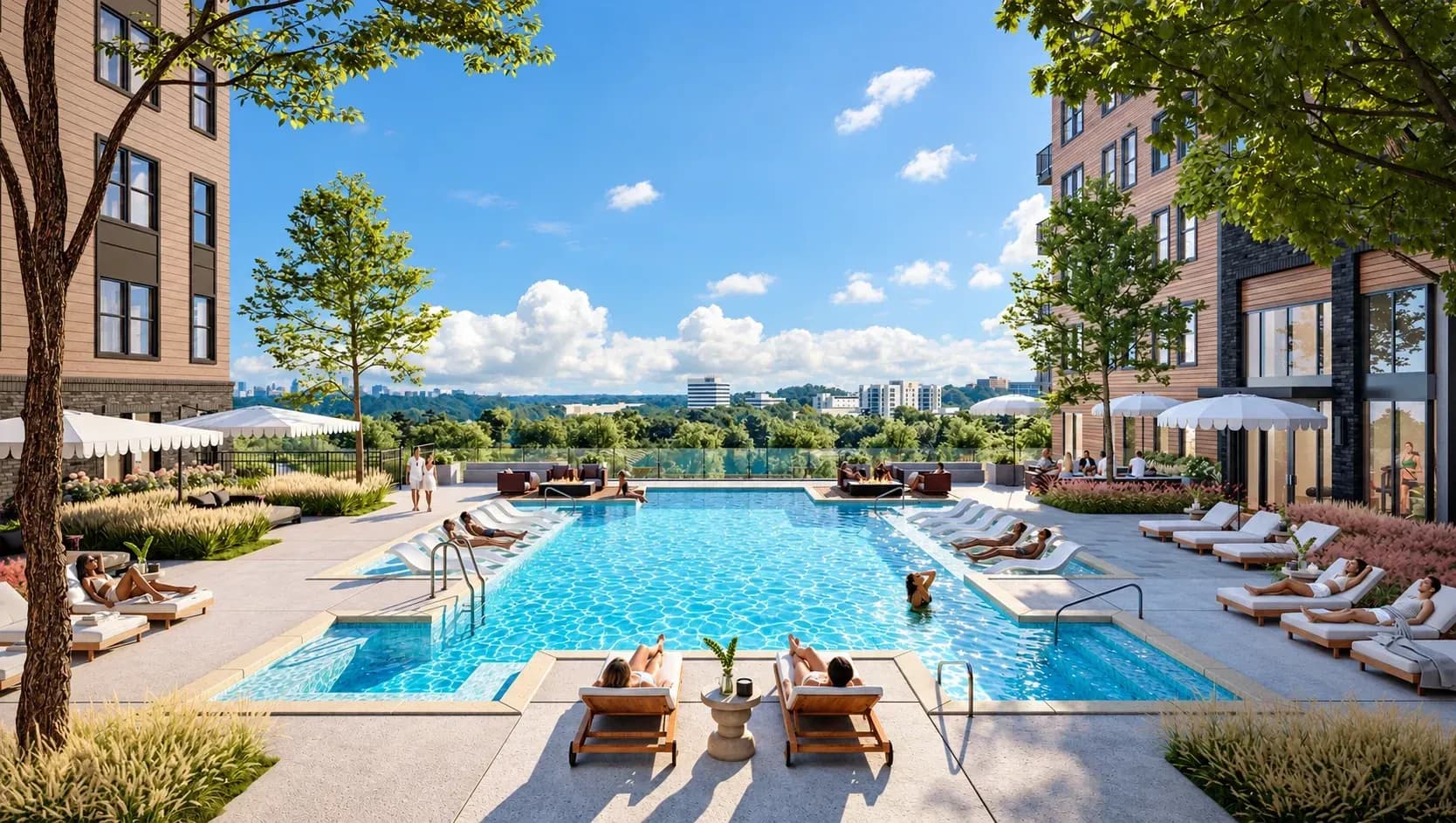 Summit Heights pool courtyard with lounge seating, surrounded by the apartment buildings