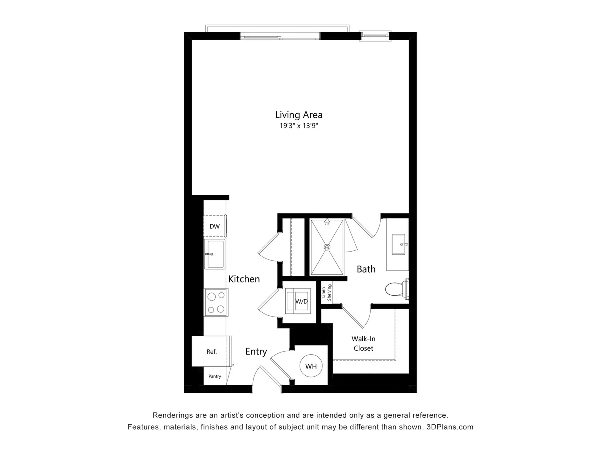 Floor plan showing living area, kitchen, bathroom, entry, walk-in closet, and laundry room layout.